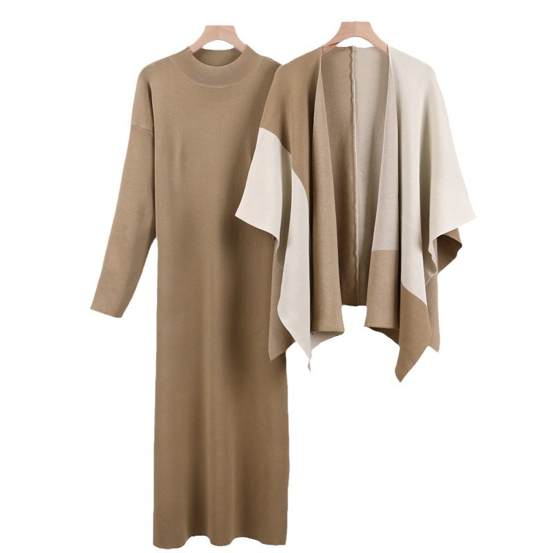Women's Clothing 2024 knitted suit autumn and winter new contrast color cape shawl + half high collar knitted dress two piece suit_voghion.com