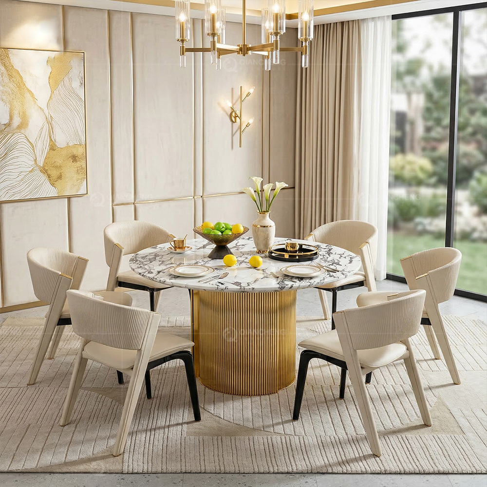 Mesa de Comedor Redonda de Mármol para 6 Personas de Acero Inoxidable Desmontable para Restaurante