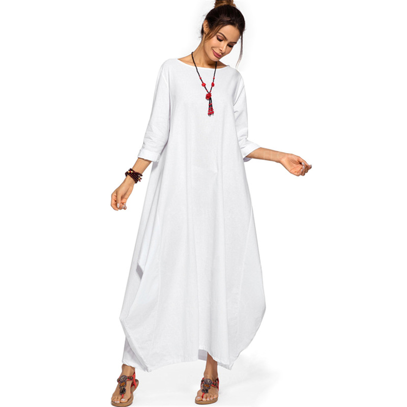 2022 European and American Plus-Size Women's Loose Casual Cotton and Linen Dress Long Skirt Robe