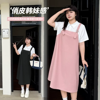 嗲酷少女感假两件背带裙2025夏季新款胖mm爱心扣显瘦中长裙142102
