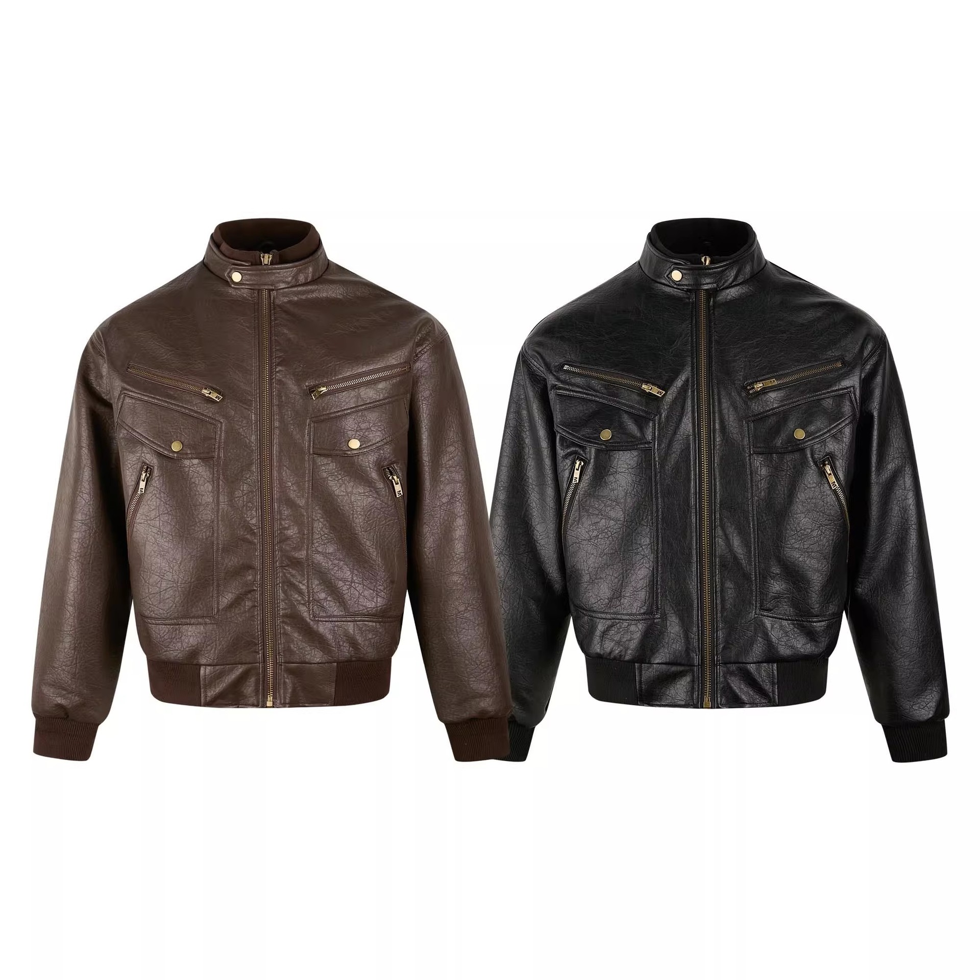 Men's Retro Leather Motorcycle Jacket With Multi Pockets Black_voghion.com