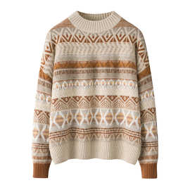 7针虚提半高领格纹配色女式针织衫 加厚落肩袖山羊绒宽松版型毛衣