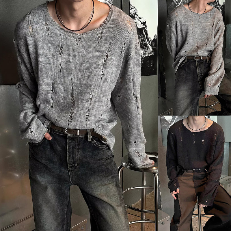 Ripped Hollow Long-Sleeved Knitwear Men's Accessible Luxury Casual Lazy Style Spring & Fall T-Shirt Trendy Export Cross-Border Wholesale