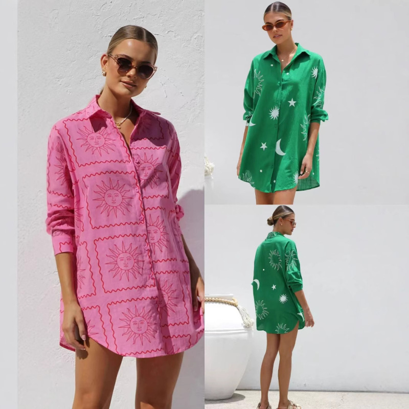2025 cross-border Amazon best selling European and American spring and summer printing fashion loose casual cardigan lapel dress