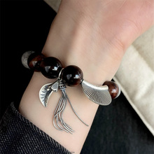 S925银天然红虎眼地图石茶晶马蹄莲流苏扇形手链复古设计感中式风