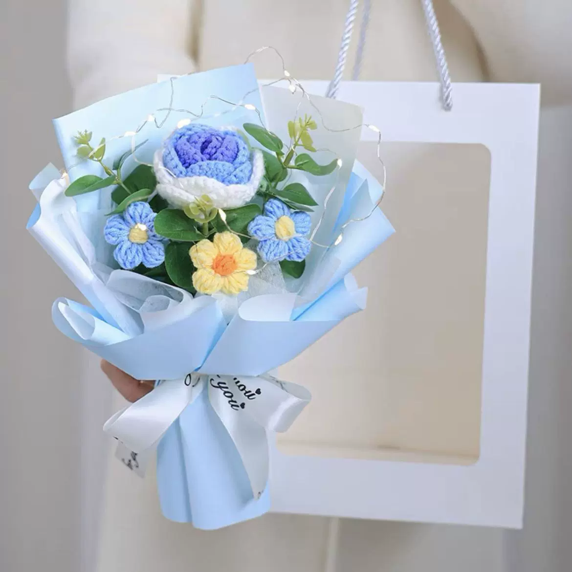 七夕教师节礼物女神节花束针织花毕业季小香风花束针织玫瑰花跨境