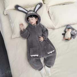 儿童连体睡衣宝宝秋冬季法兰绒奥利绒防踢睡袋男童卡通保暖家居服