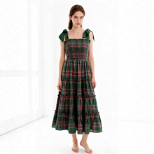 新款跨境欧美亚马逊外贸女装圣诞节彩色格子印花款绑带连衣裙