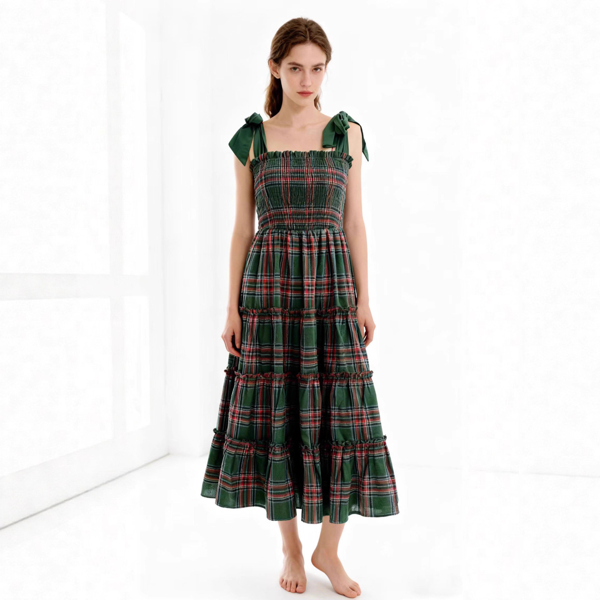 新款跨境欧美亚马逊外贸女装圣诞节彩色格子印花款绑带连衣裙