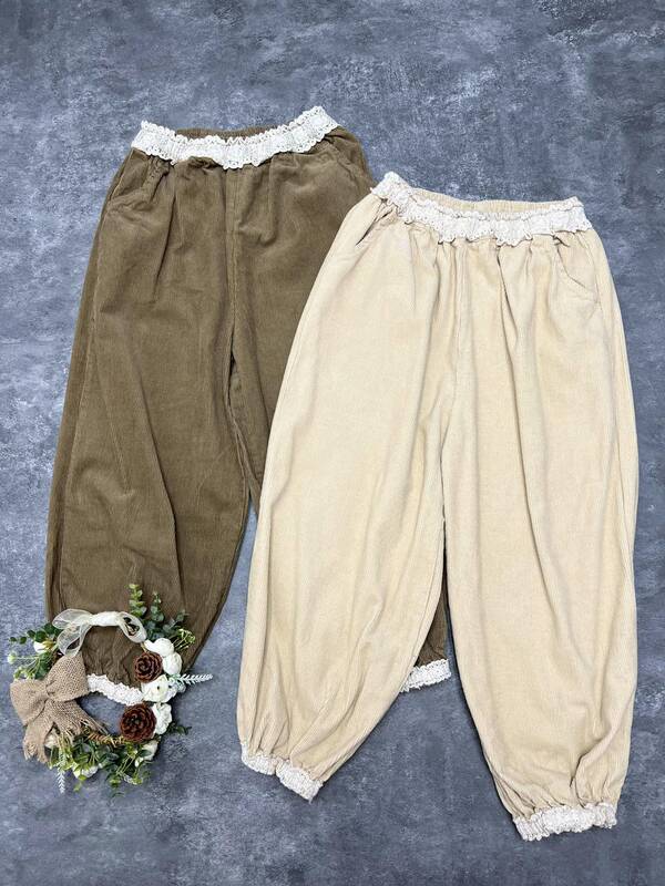 Japanese Mori girl sweet retro artistic corduroy lace edge elastic waist closed bloomers loose cotton trousers