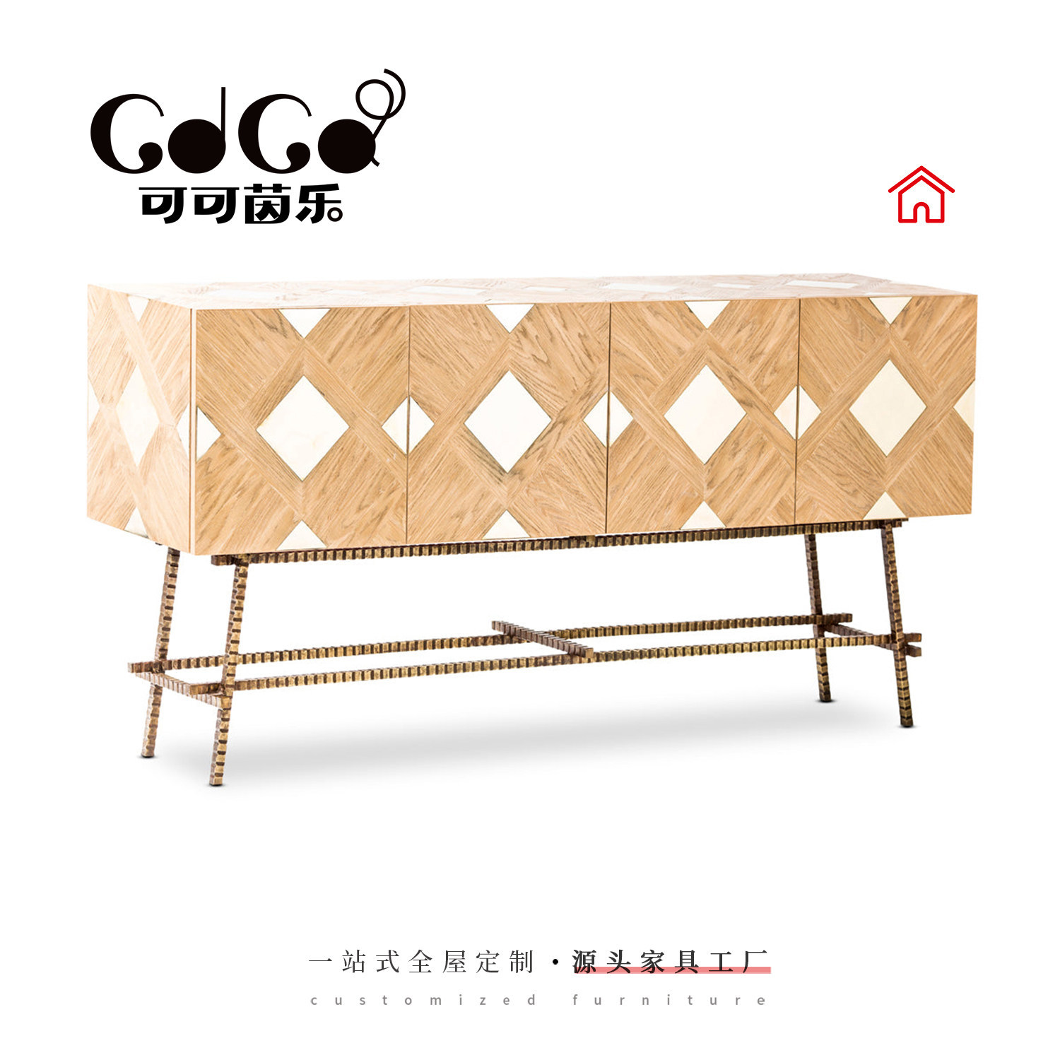 Customizable High-End Vintage-Style Sideboard with Wood Veneer and Marquetry, Mid-Century Entryway Cabinet, Storage Cabinet, Light Luxury Home Wall-Side Cabinet