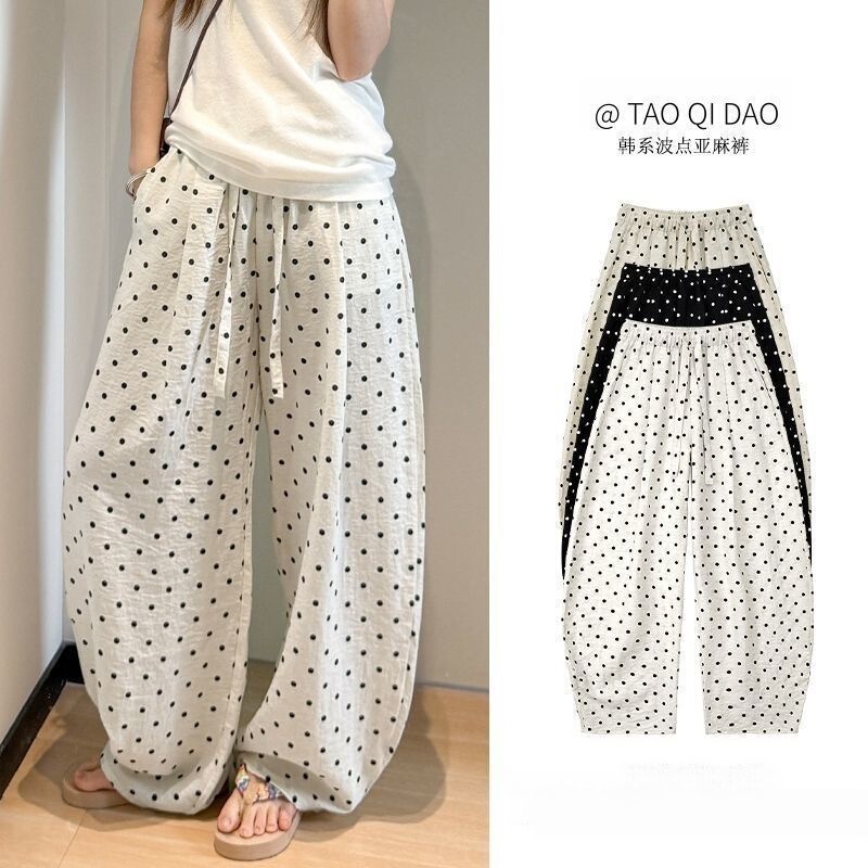 Linen Polka Dot Curved Hem Pants for Women, Summer 2026 New High-Waisted Slimming Ice Silk Wide-Leg Pants with Drawstring, Loose Casual Pants