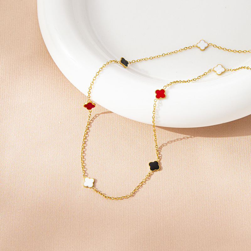 Colorful Four-leaf Clover Bracelet Female 18k Real Gold Electroplated Lucky Chain Ins Niche Design Korean Style Student Jewelry Titanium Steel Colorful Four-leaf Clover Bracelet Female 18k Real Gold Electroplated Lucky Chain Ins Niche Design Korean Style Student Jewelry Titanium Steel