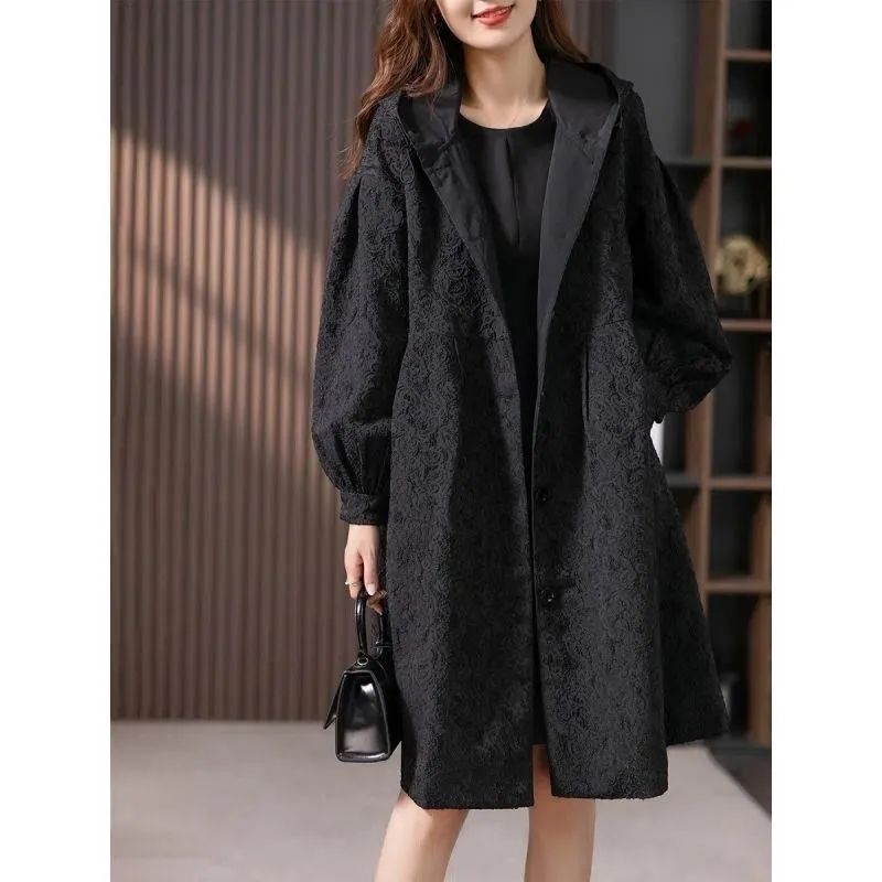 Jacquard Windbreaker Women's Mid-Length 2025 Autumn and Winter New Korean Style Casual Western Style Hepburn Style Loose Jacket Classy