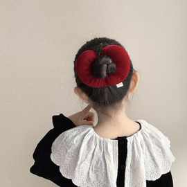 婷瑞~新年新款酒红色丝绒充棉苹果肠圈丸子头发圈