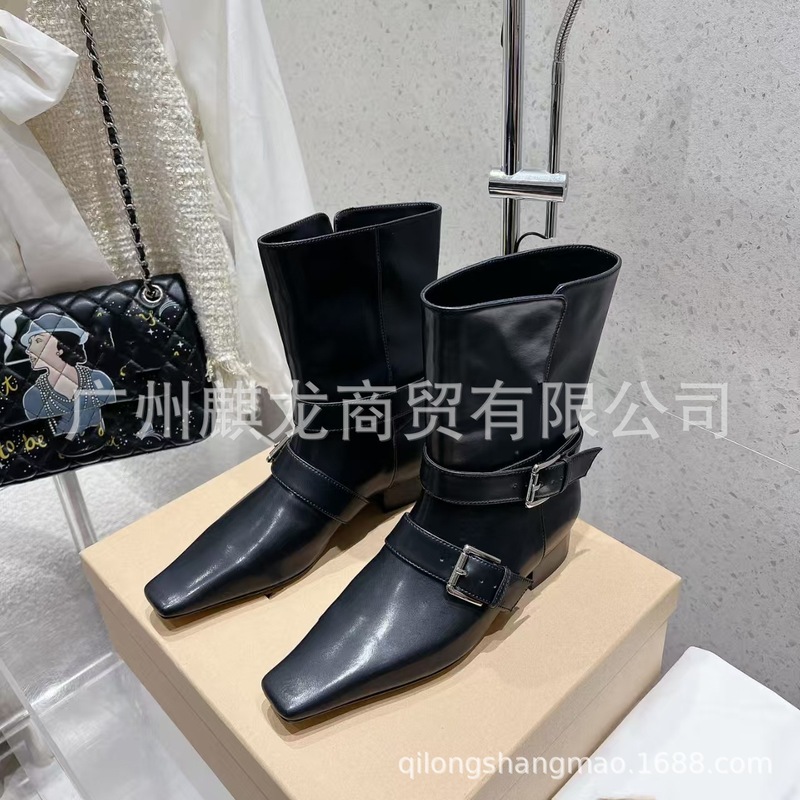 高端小众2025秋冬真皮方头复古双扣低跟中筒马丁靴西部牛仔靴单靴|undefined