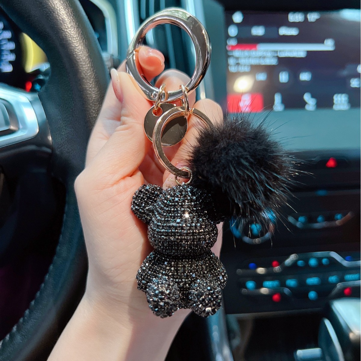 Nuevos productos de moda lindos viento gran botón redondo visón completo diamante osos llavero creativo pareja llavero colgante regalo