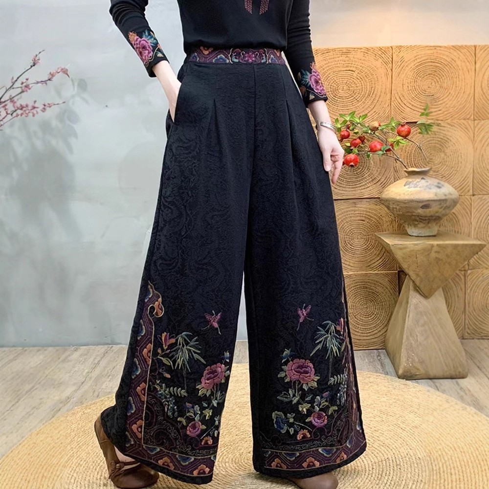 2025 Autumn New Elastic Waist Large Size Slimming Straight-Leg Pants Solid Color Ethnic Style Embroidered Cotton and Linen Jacquard Wide Leg Pants