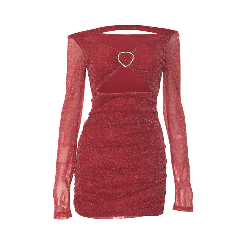 Women Clothing off Shoulder Mesh Long Sleeve Stitching Hollow Out Cutout Sexy Hip Dress