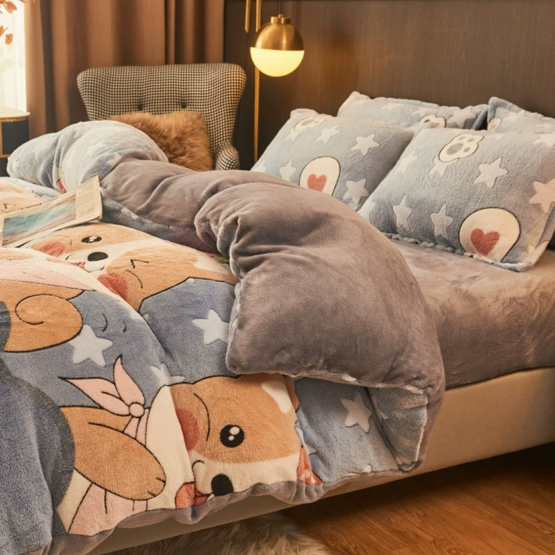 Пододеяльник, простыня, фланелевый наволочник, утеплённый комплект, 4 предмета, со снежинками, 3 предмета