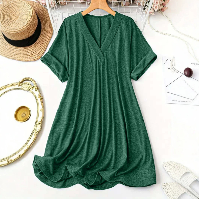 2026 Cross-Border Amazon Women's Solid Color Plus Size V-Neck Dress Summer and Autumn Style Solid Color Waist-Cinching Round Neck Slim Dress 2026 Cross-Border Amazon Women's Solid Color Plus Size V-Neck Dress Summer and Autumn Style Solid Color Waist-Cinching Round Neck Slim Dress