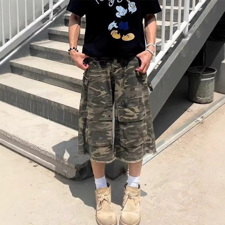 Summer New Arrivals Heavy-Duty Frayed Camouflage Multi-Pocket Cropped Pants Unisex Retro American Style Loose Trendy Denim Shorts
