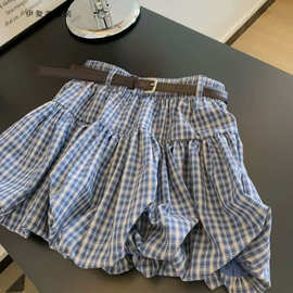 感蓝色格子花苞遮肉字短裙小个子显瘦半身裙子女新款夏
