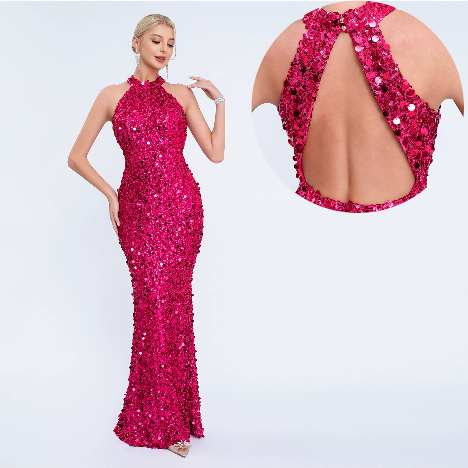 Новое банкетное длинное платье с лямкой на шее и блестками, юбка «рыбий хвост», европейское и американское трансграничное вечернее платье, вечернее платье знаменитостей, вечернее платье