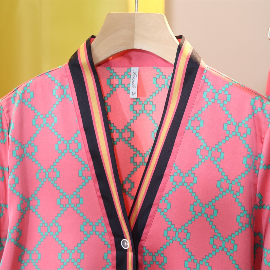 여성용 실크 잠옷 봄, 여름 얇은 홈웨어 반팔 가디건 아이스 실크 봄, 가을 대형 하이 엔드 슈트