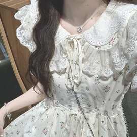 四面弹大码女装学院风娃娃领连衣裙夏季茶歇法式初恋仙女碎花长裙