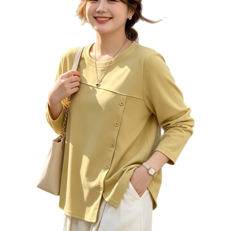 여성 빅사이즈 루즈핏 버튼 슬릿 긴팔 티셔츠 L-4XL 가을 겨울 데일리 상의