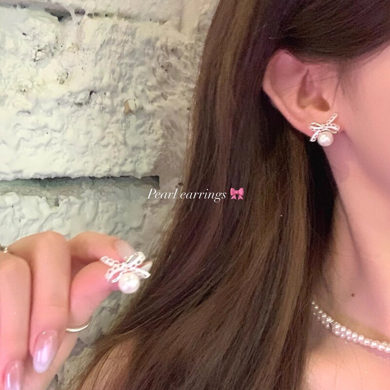 2025新款赵露思同款耳钉蝴蝶结珍珠耳环女小众设计感轻奢气质耳饰|undefined