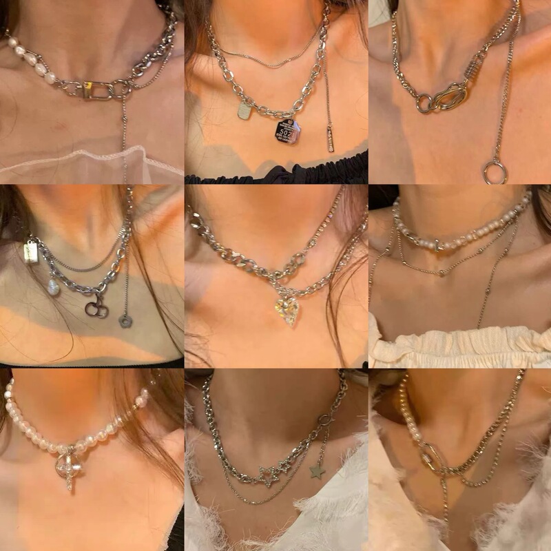 Korean Style Ins Trendy Alloy Necklace Love Zircon Pearl Overlapping High-end Sense Design Niche Spice Girl Style Clavicle Chain