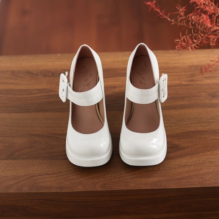 French-Style Thick-Soled New Product for Wide and Large Feet - Comfortable Thick-Heeled Waterproof Platform Black High Heels for Women in White French-Style Thick-Soled New Product for Wide and Large Feet - Comfortable Thick-Heeled Waterproof Platform Black High Heels for Women in White