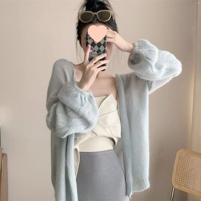 软糯蓝马海毛针织开衫女春秋款新款慵懒风宽松毛衣外套色上衣|undefined