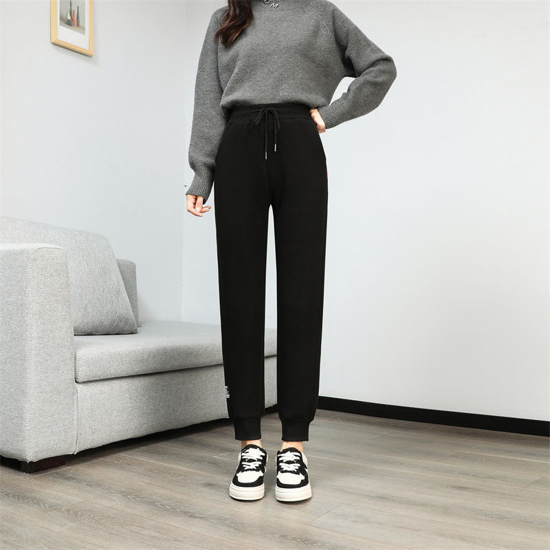 法米姿 羊羔绒运动加绒裤女新款加厚卫裤高腰显瘦束脚休闲裤哈伦