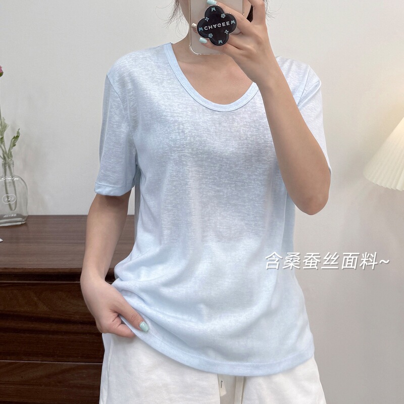 U-Neck Blue Right Shoulder Short-Sleeved T-Shirt for Women 2025 Summer Pure Color Thin Dopamine Casual Style with Jeans Top