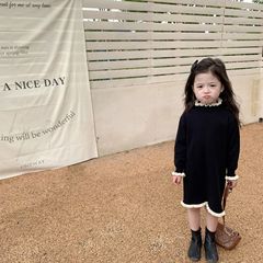 Little Girl Audrey Hepburn Style Dress Autumn/Winter New Arrival Children's Korean Version Sweet Lace Knit Dress Baby Long Sleeve Base Dress