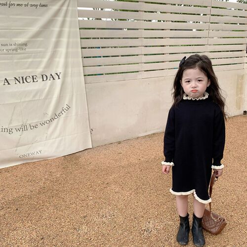 Little Girl Audrey Hepburn Style Dress Autumn/Winter New Arrival Children's Korean Version Sweet Lace Knit Dress Baby Long Sleeve Base Dress