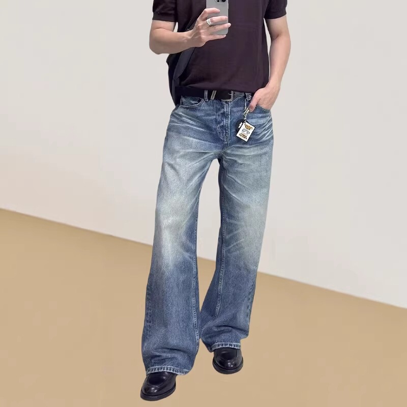 Cross-Border American-Style Combat Denim Snowflake Pattern Light Blue Washed Vintage Straight-Leg Jeans Men's Wide-Leg Pants Cross-Border American-Style Combat Denim Snowflake Pattern Light Blue Washed Vintage Straight-Leg Jeans Men's Wide-Leg Pants