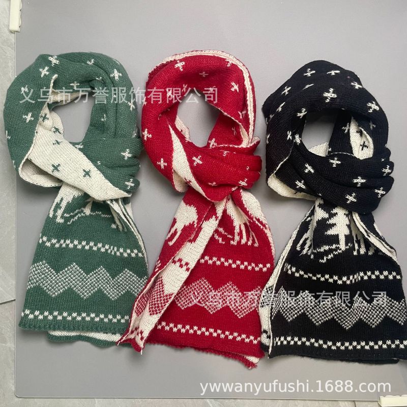 クロスボーダークリスマススカーフ女性用冬用高級アウトドアストリートレッド多用途ジャカードエルク暖かいニットスカーフ|undefined