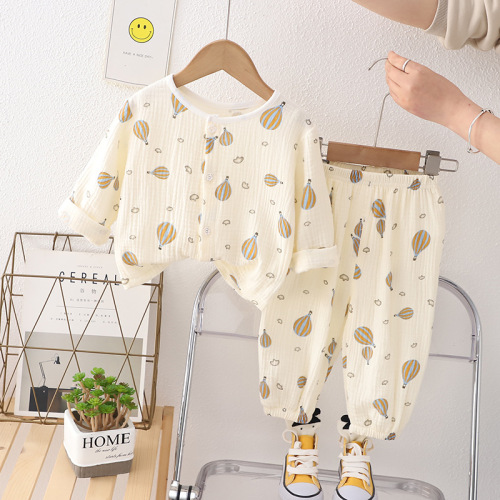 Boys' Double Layer Cotton Gauze Sleepwear Baby Summer Air Conditioning Suit Girls' Home Wear Baby Long Sleeve Lantern Pants Set 