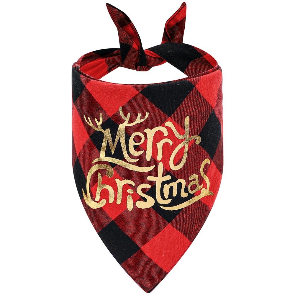 Nueva tela escocesa de algodón de doble capa transfronteriza Rojo Negro verde negro pequeño asta de Navidad Toalla de triángulo para mascotas Toalla de saliva para mascotas