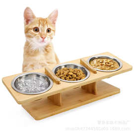 跨境木质宠物碗架斜口立式猫碗架竹制增高宠物粮食盆饮水架喂食器