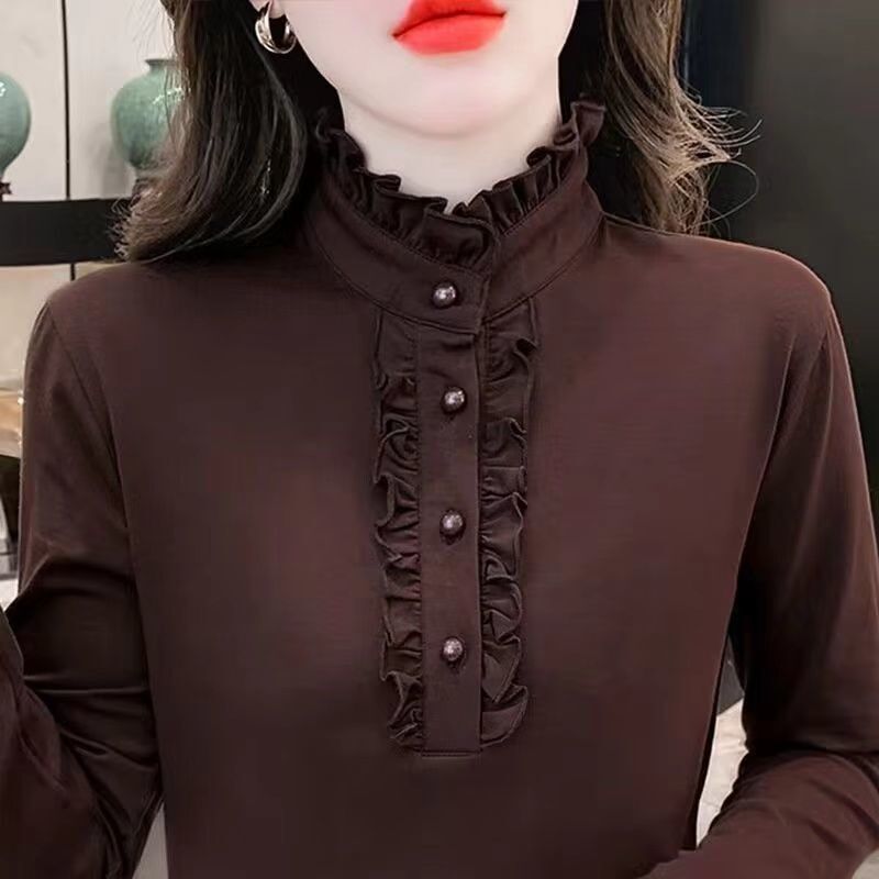 Mom's Coffee-Colored Ruffled Collar Top for Women, Autumn and Winter New Style, Long-Sleeve T-Shirt with Ruffled Edges, Stylish Fleece-Lined Base Shirt
