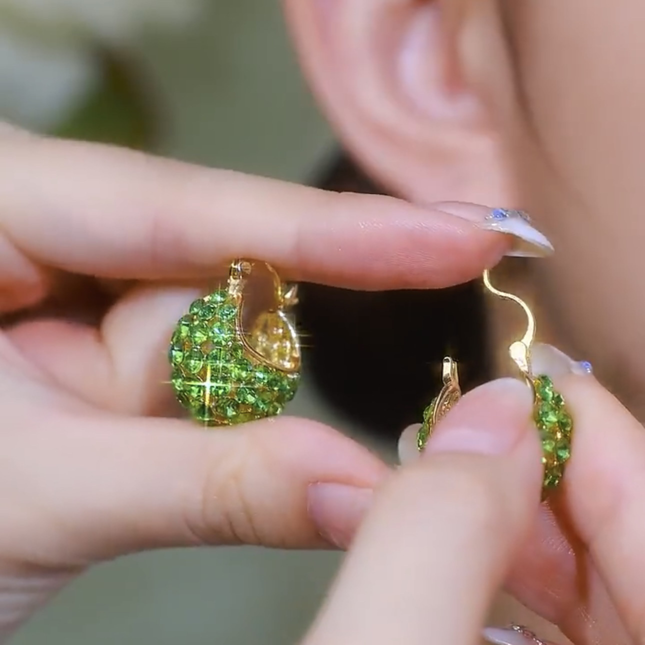Green small design fashionable earrings with zircon drop-shaped