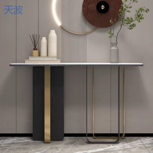 Ttb Light Luxury Rock Slab Italian-Style Entrance Cabinet with Narrow Iron Art Rock Slab Console Table and Ultra-Narrow Long Table