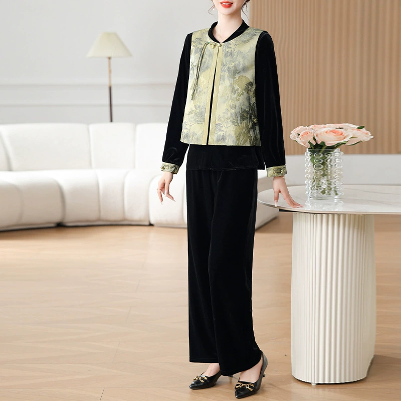 Модный костюм для мам, элегантный женский стиль, жилет в китайском стиле, одежда для женщин среднего и старшего возраста, весенне-осенний бархатный комплект из трех предметов