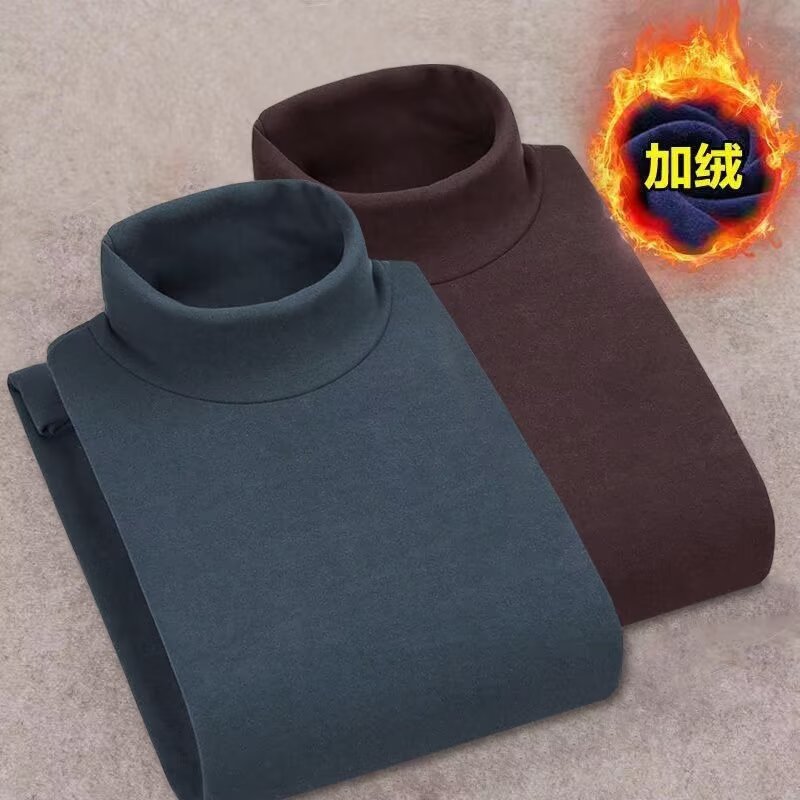 180g 독일 벨벳 세미 하이 칼라 바닥 셔츠 남성 양면 기모 긴 소매 티셔츠 트렌드 겨울 탄력