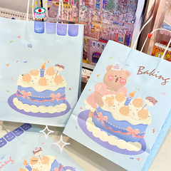 方底藍色蛋糕手提袋可愛小熊生日蛋糕紙袋高顏值禮物包裝牛皮紙袋